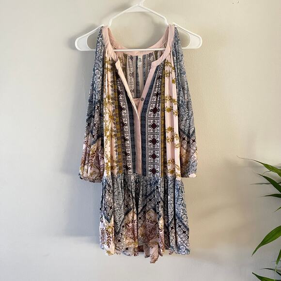 Free People Portobello Road Mini Dress Womens XS Blue Boho Chic Casual Feminine - Picture 1 of 9
